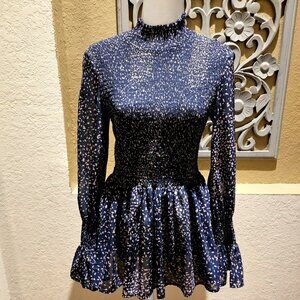 Navy Blue Brown Smocked Long-Sleeve Peplum M Frenchy Whimsygoth Fairy Ditsy